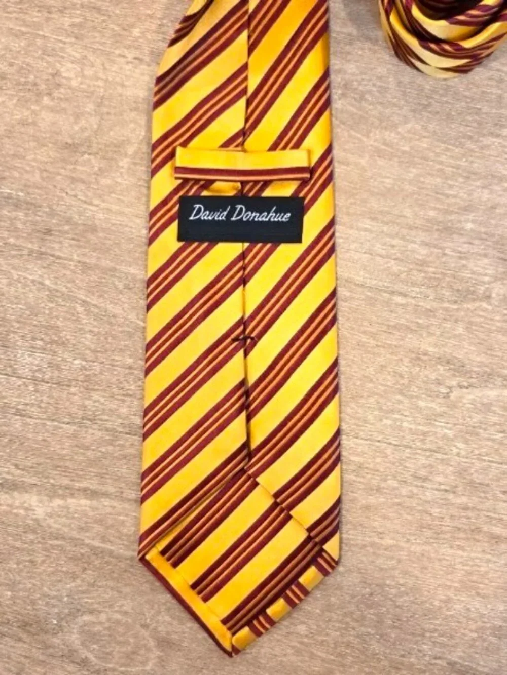David Donahue Men's Classic Burgundy and Gold Rep Striped Cotton Silk Blend Tie